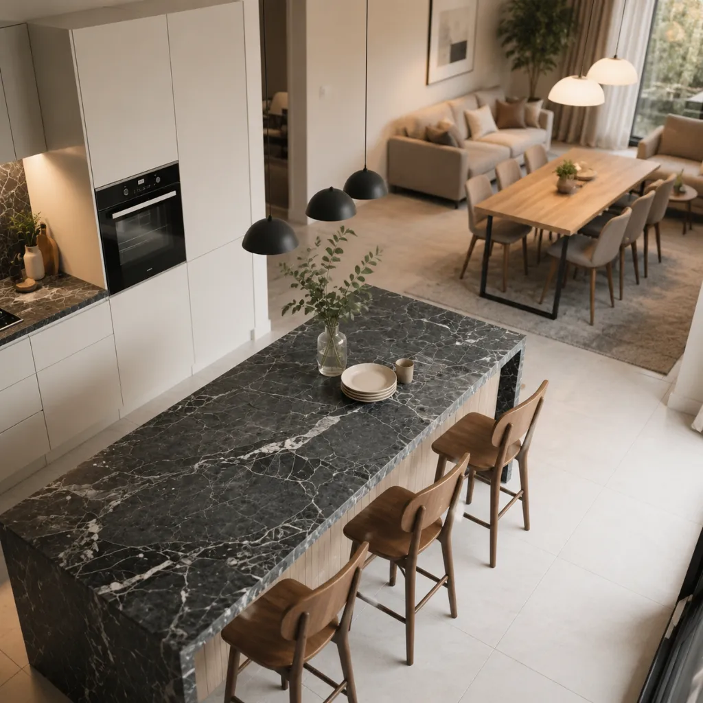Kitchen island with a dark stone countertop and bar stools