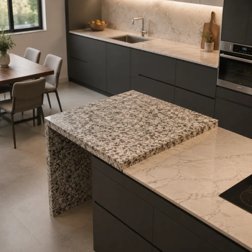 Kitchen island with a speckled stone countertop