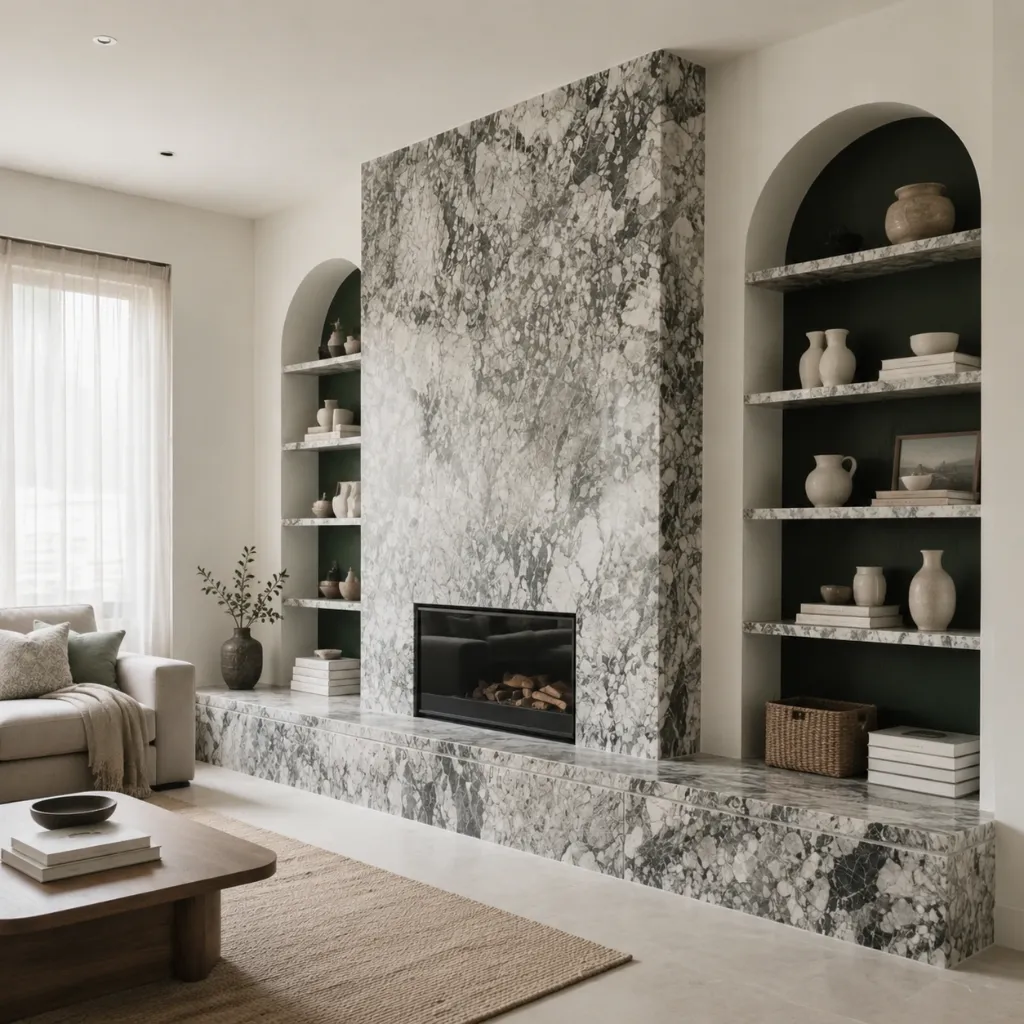 Stone-pattern fireplace surround with built-in shelves
