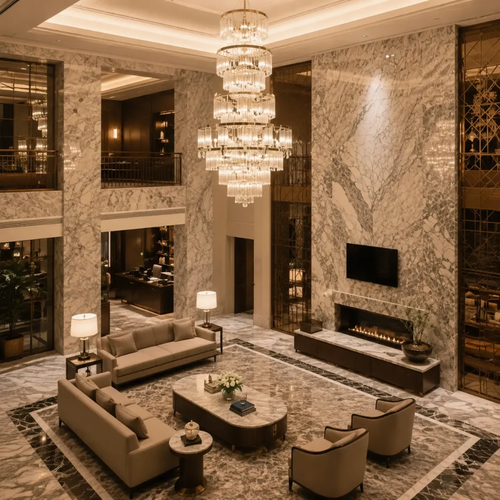 Living room with a stone-pattern fireplace wall