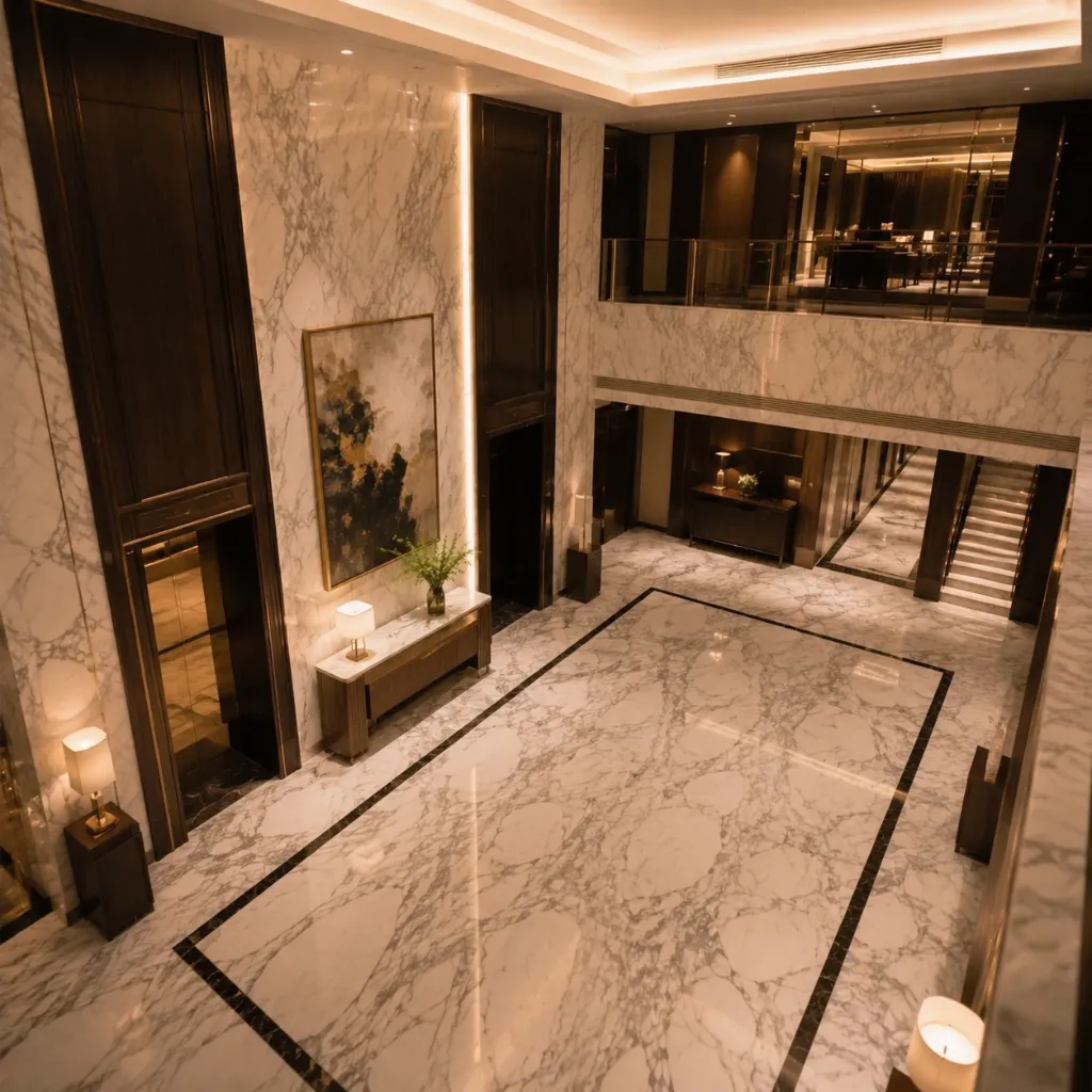 Two-story interior with stone wall and floor surfaces