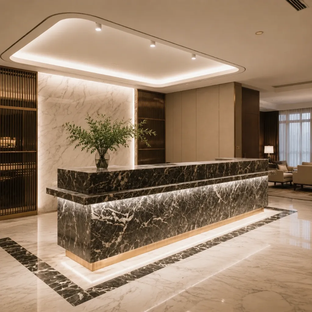 Kitchen island and countertops with gray stone patterns