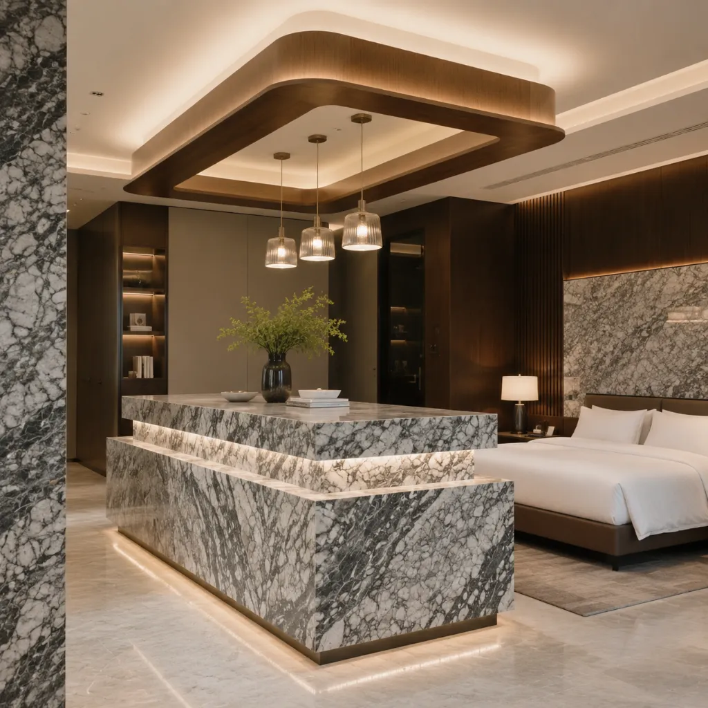 Large kitchen island with gray patterned stone surfaces