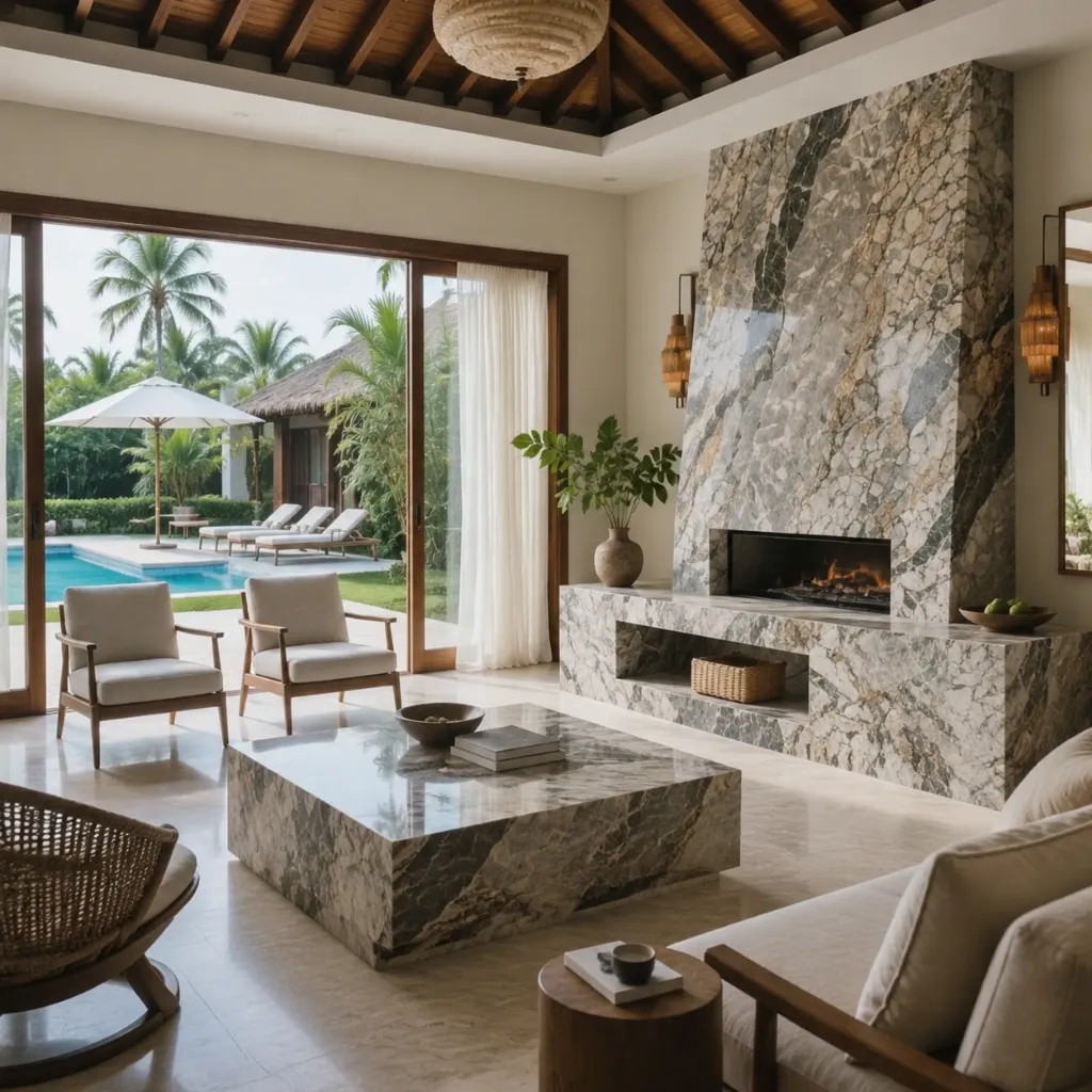 Living room with stone fireplace cladding and a low coffee table