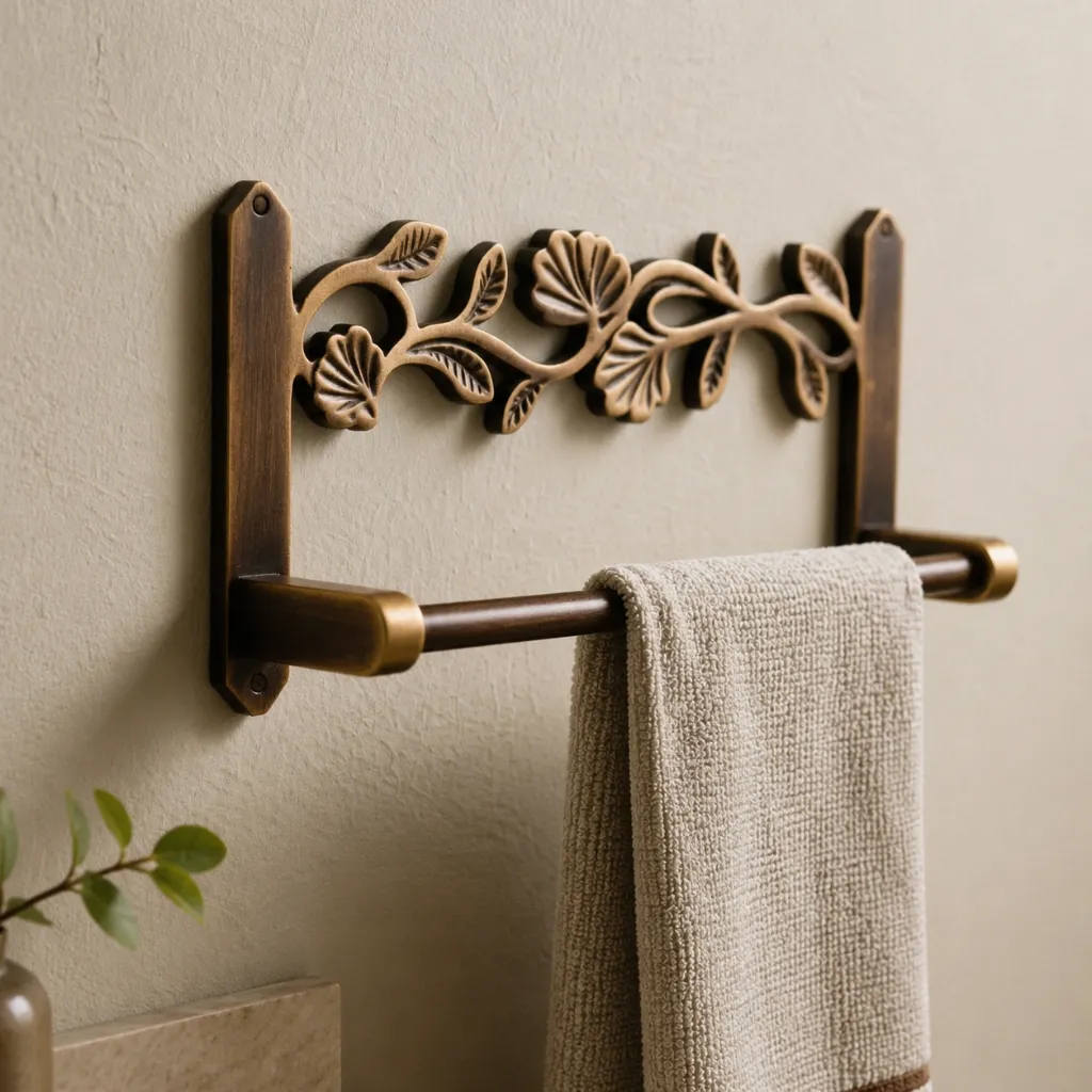 Decorative metal towel rail with a hanging towel