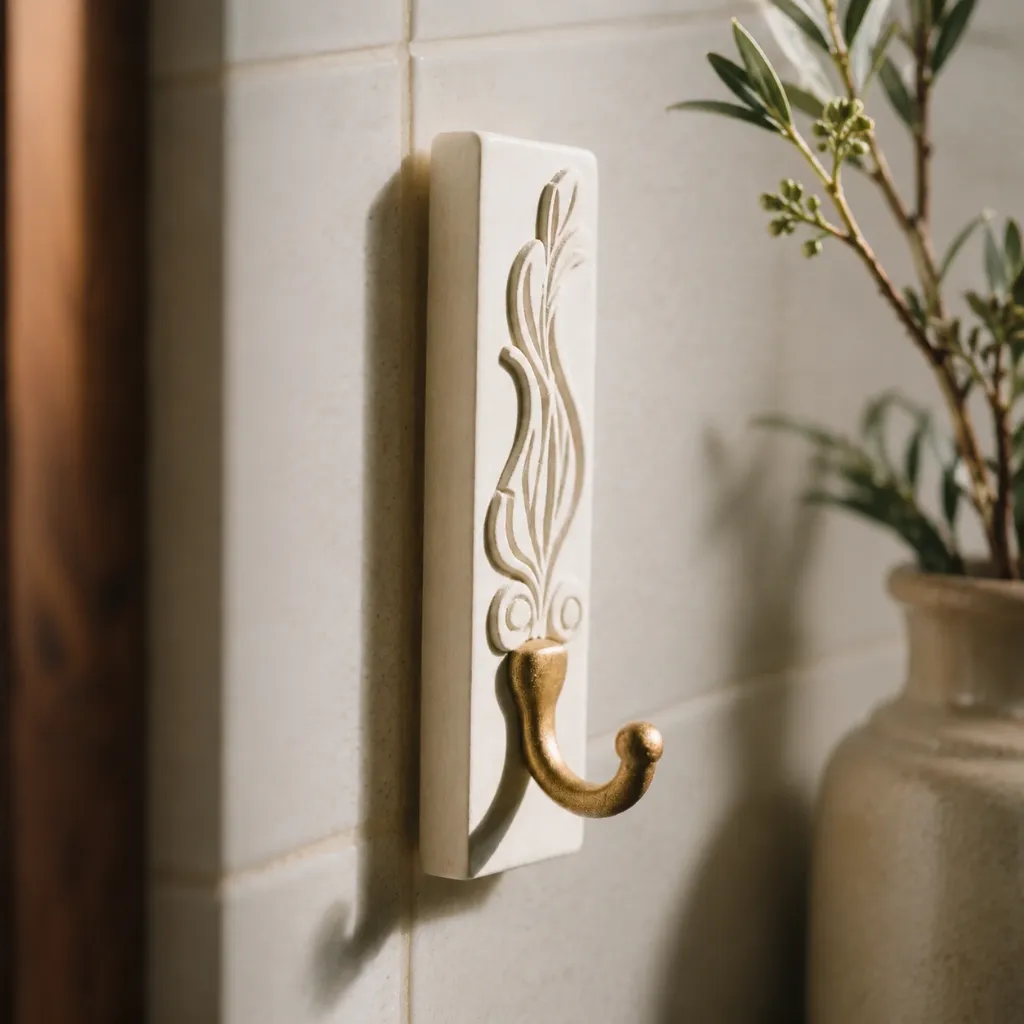 Decorative metal robe hook mounted on a bathroom wall
