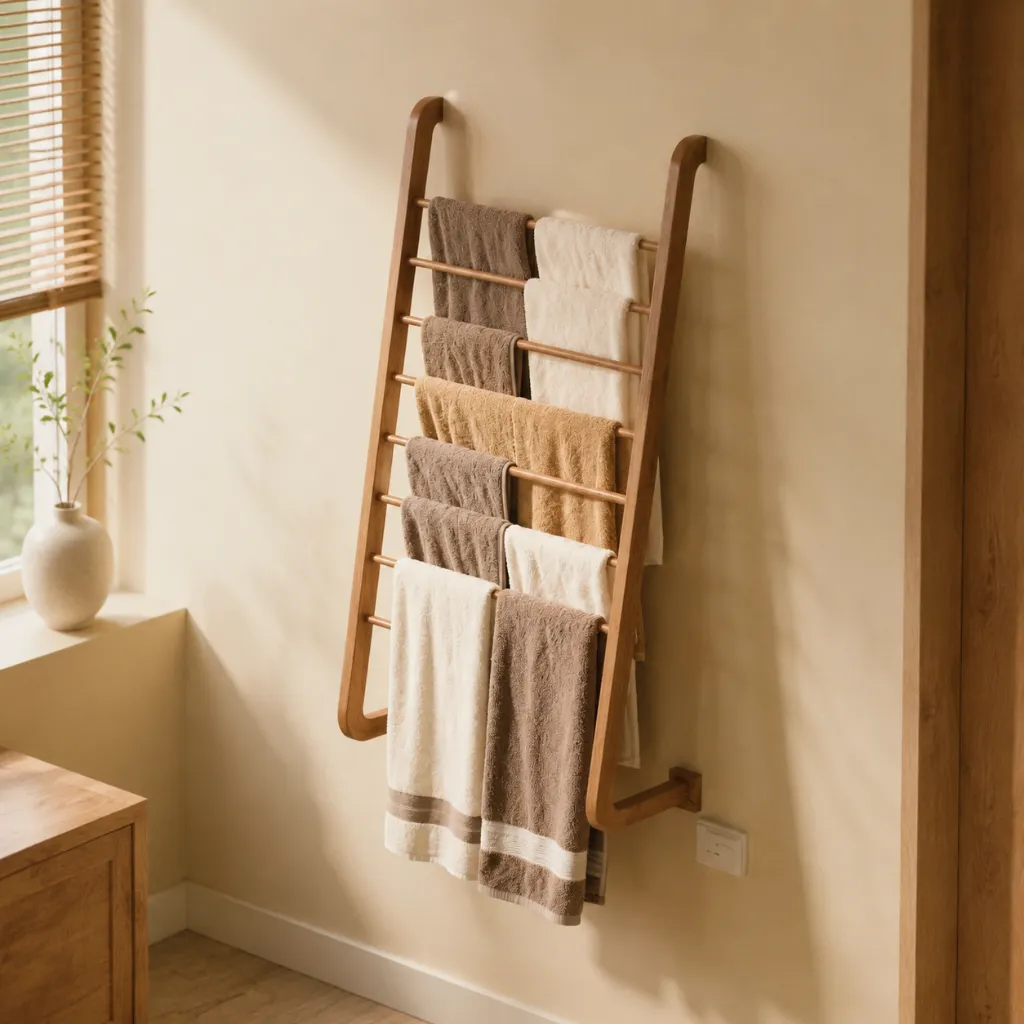 Freestanding wooden towel ladder in a bathroom