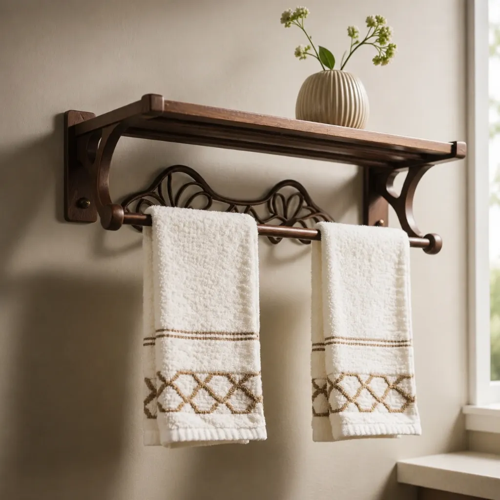 Dark bathroom towel shelf with hanging towels