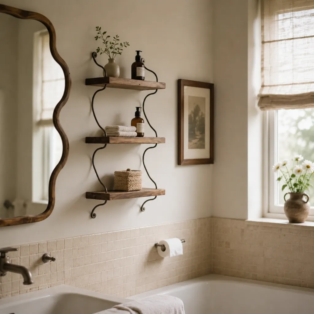 Bathroom shelves and towel rails beside a mirror