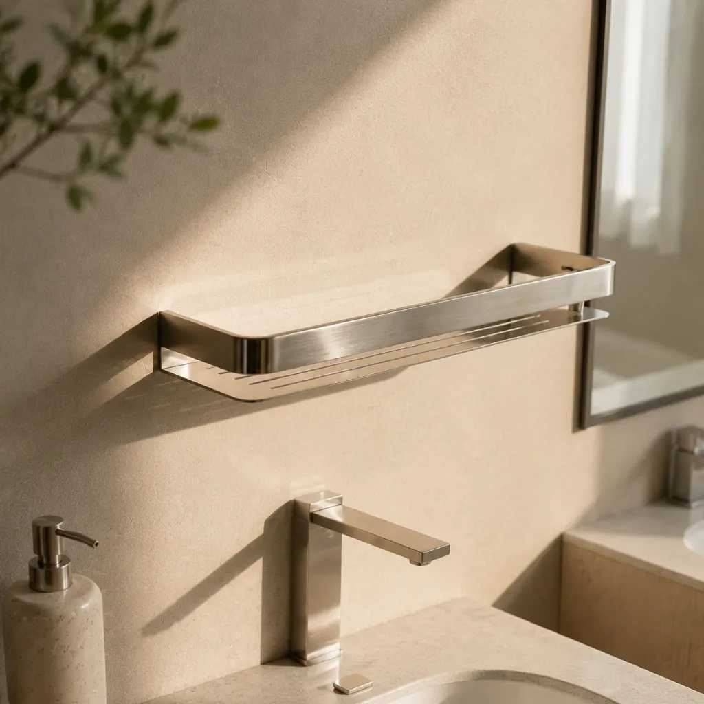 Metal towel rail mounted beside a bathroom sink