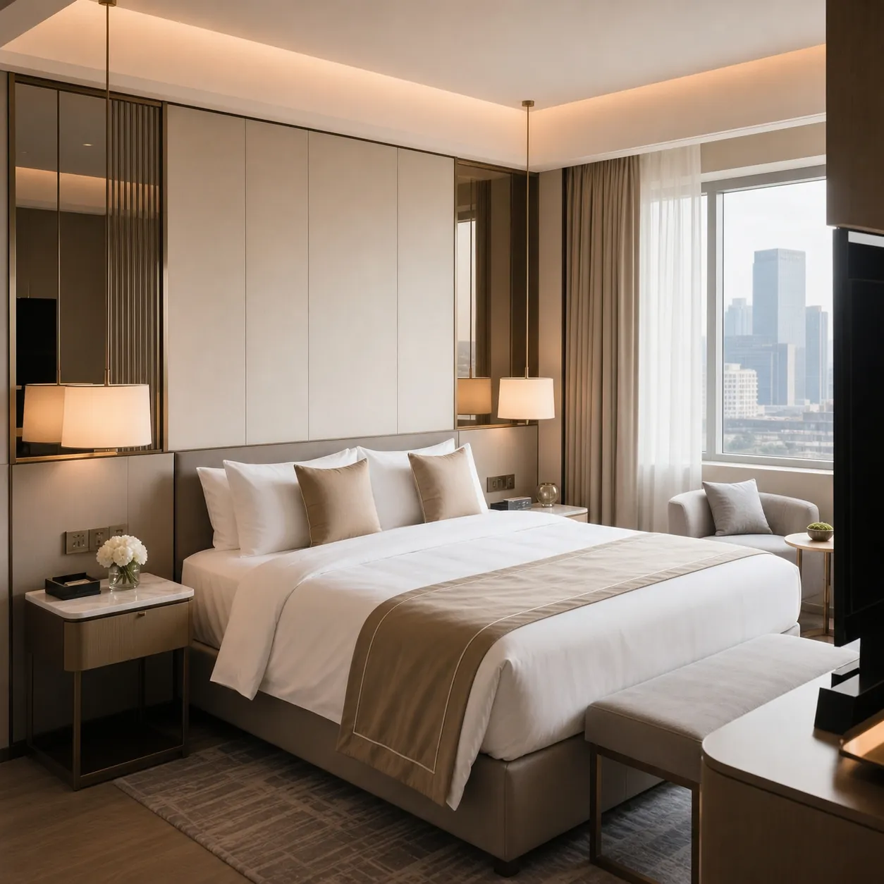 Hotel bedroom with an upholstered bed, bedside tables and a bench