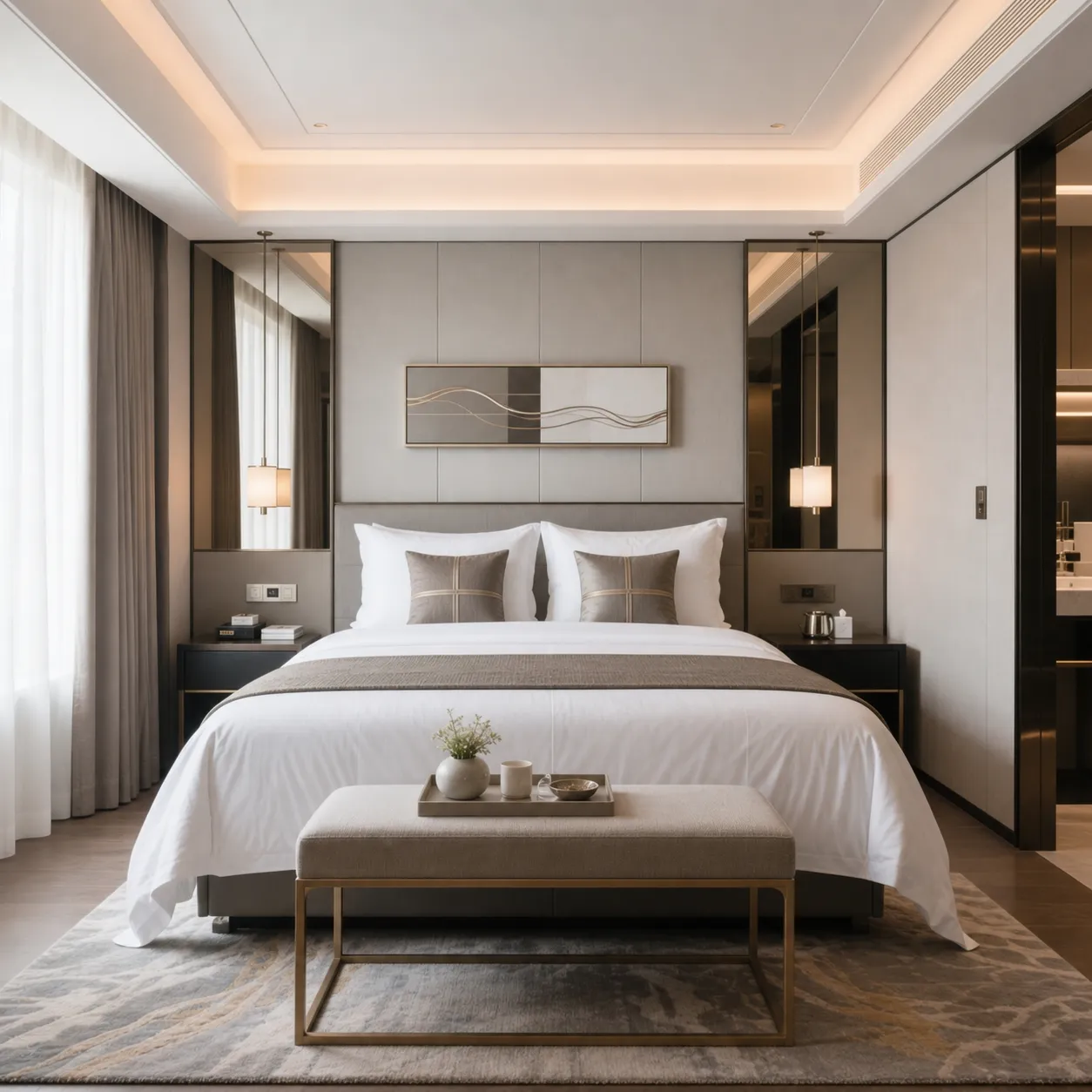 Hotel bedroom with a large bed, padded headboard and end-of-bed bench