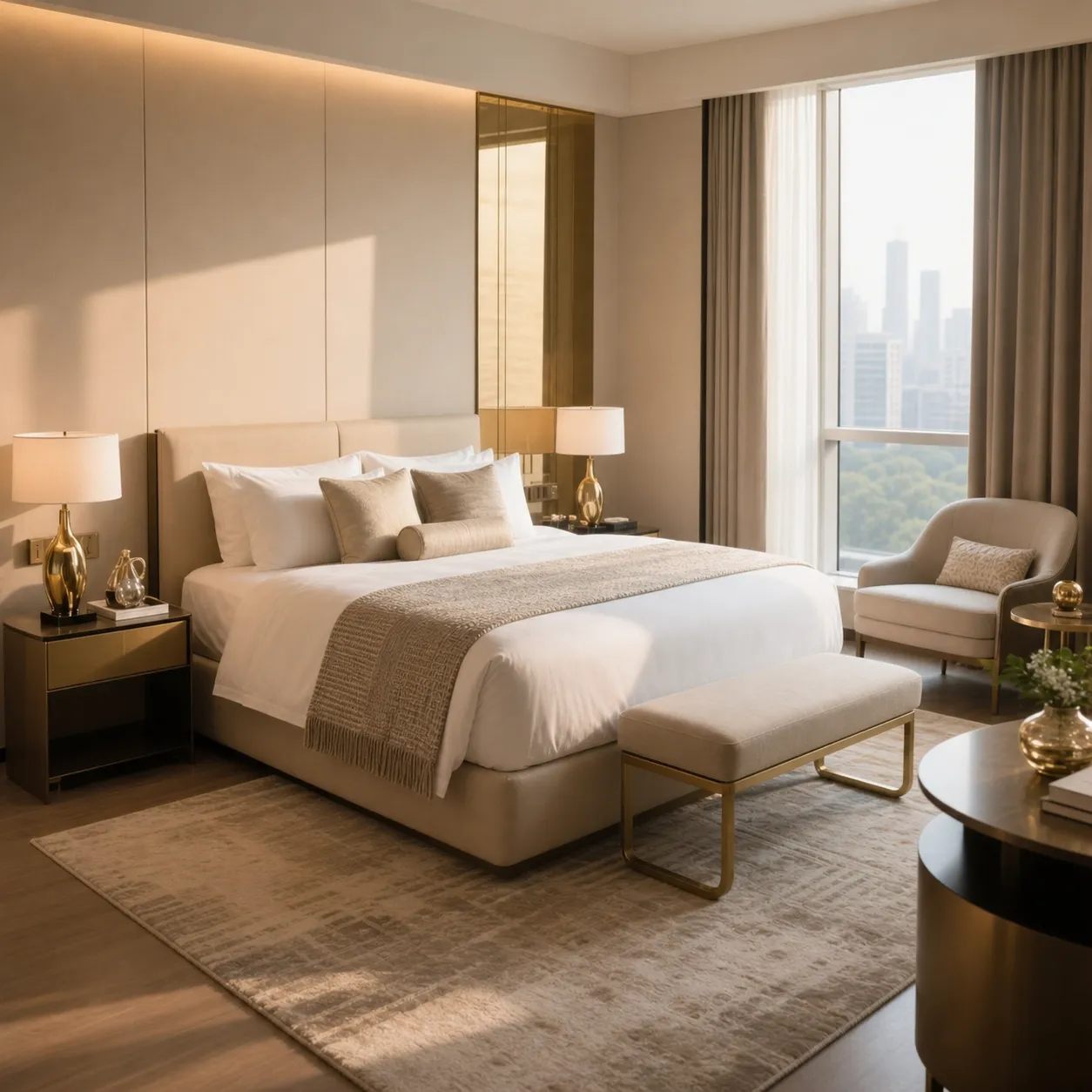 Hotel bedroom with bedside lamps, a bed and an end-of-bed bench