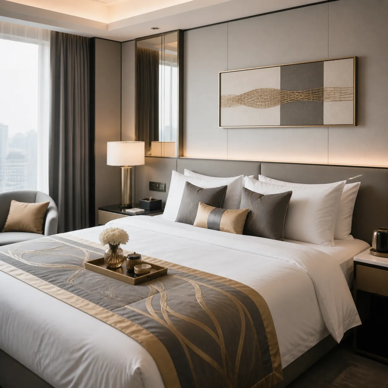 Hotel bedroom with a padded headboard and coordinated bedside furniture