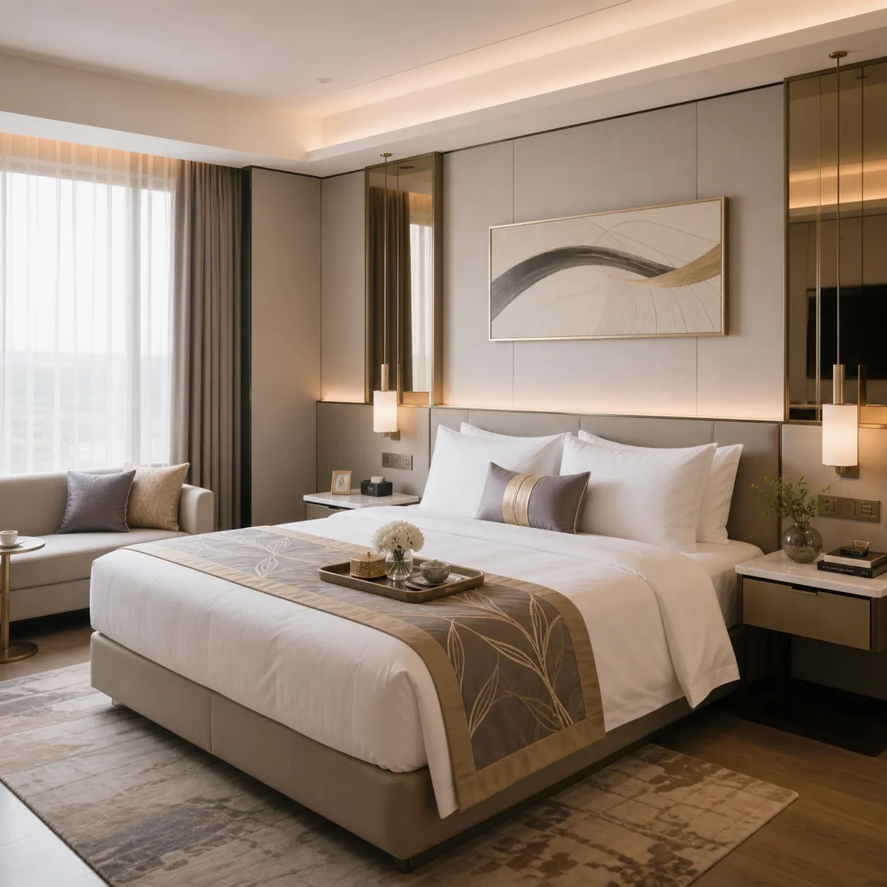 Hotel bedroom with a bed, bedside tables and a bench near the window