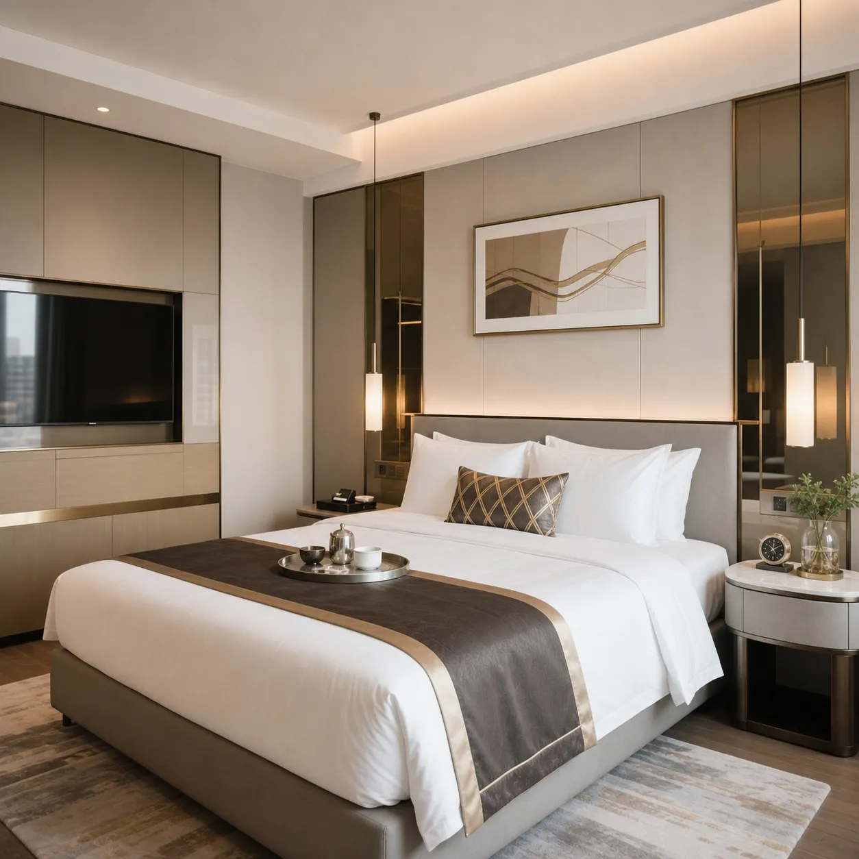 Hotel bedroom with an upholstered bed and seating beside the window