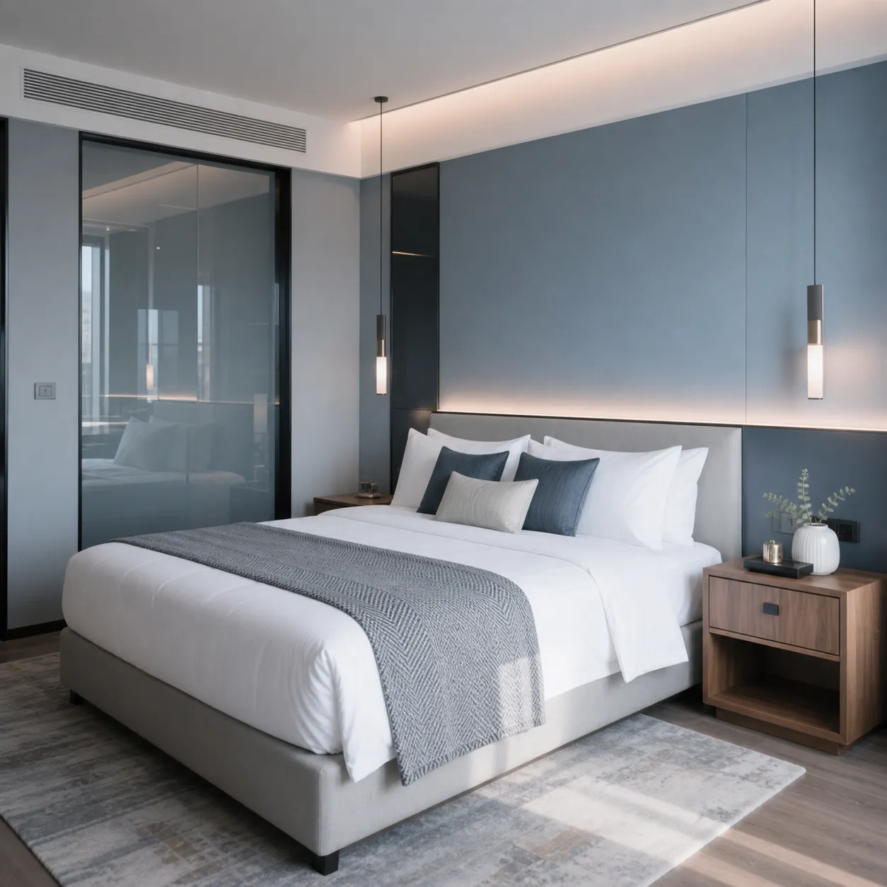 Hotel bedroom with a blue accent wall and gray upholstered bed