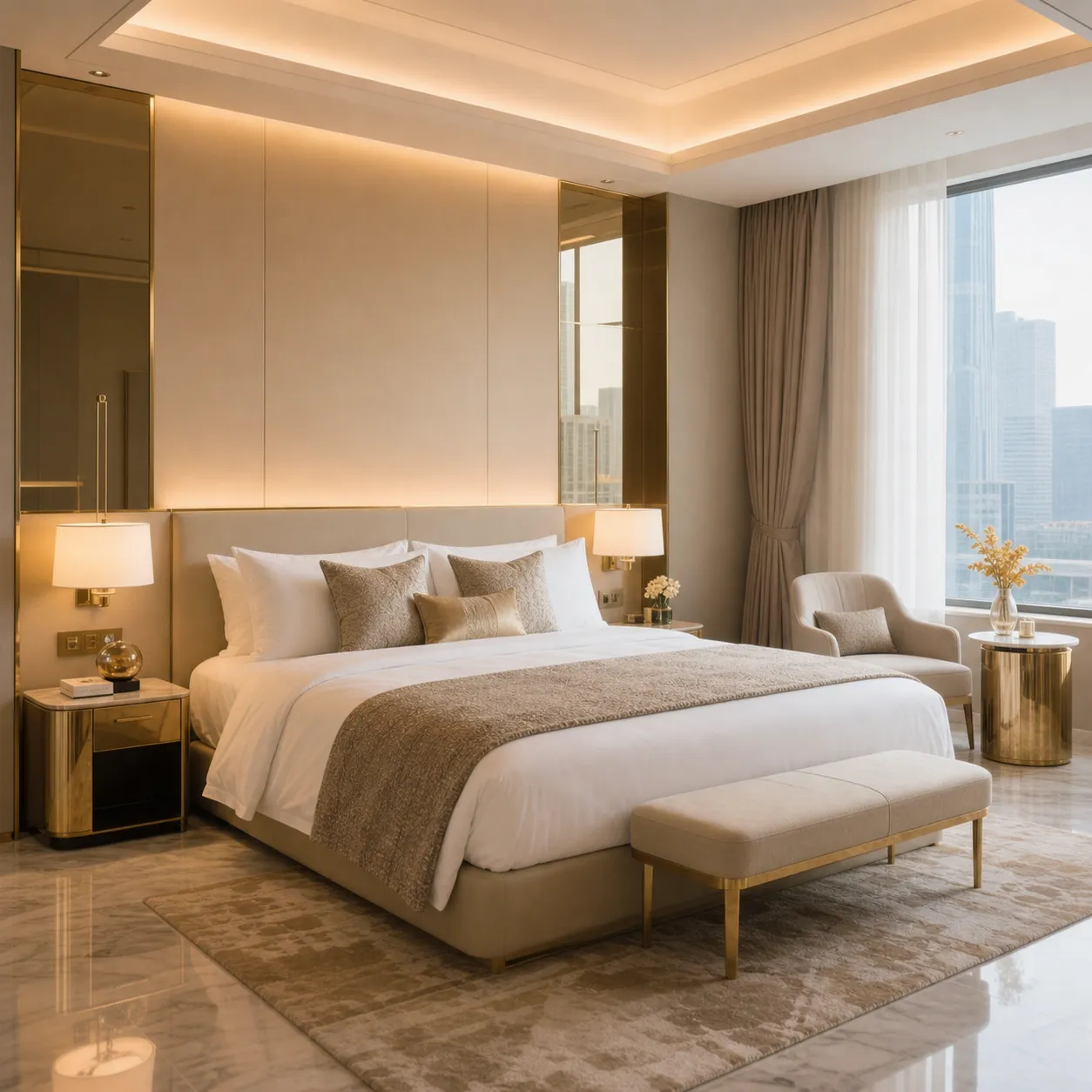 Hotel bedroom with warm lighting, a bed and coordinated bedside tables