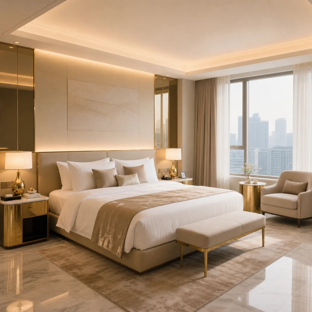 Hotel bedroom with a padded bed, bedside cabinets and window seating