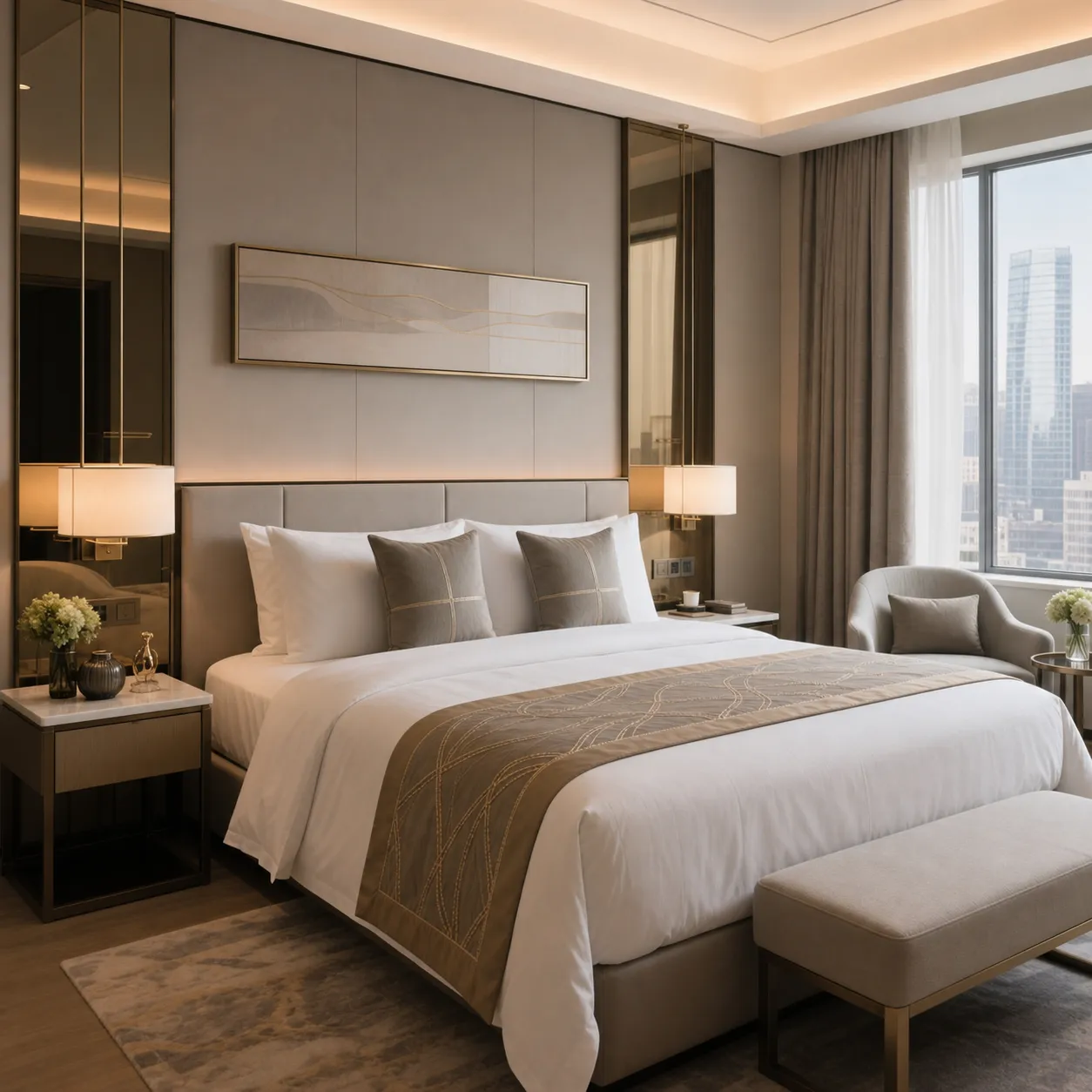 Hotel bedroom with an upholstered bed and padded bench