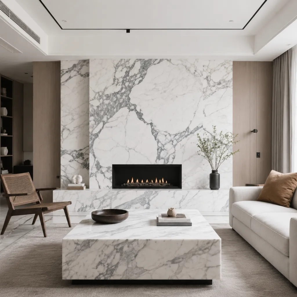 Living room with white veined stone around a fireplace