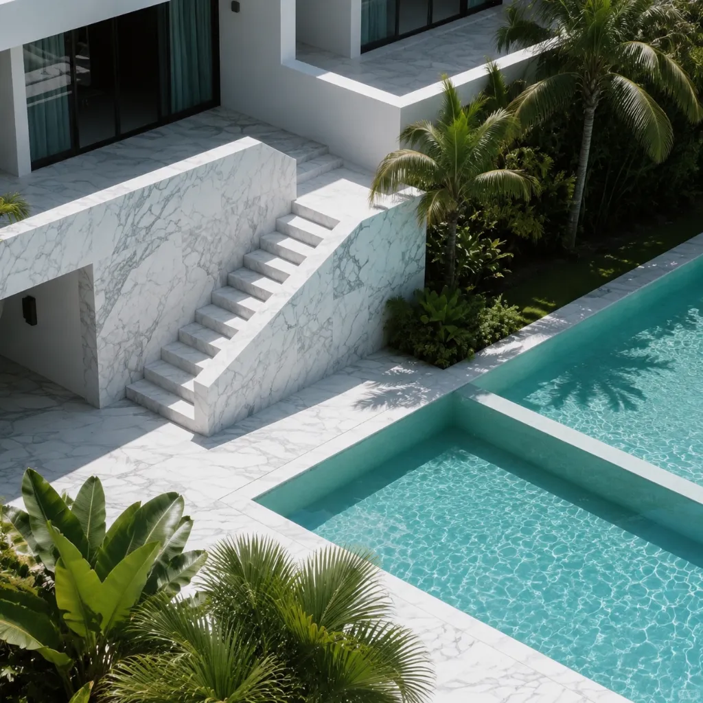 Stone steps and paving beside a swimming pool