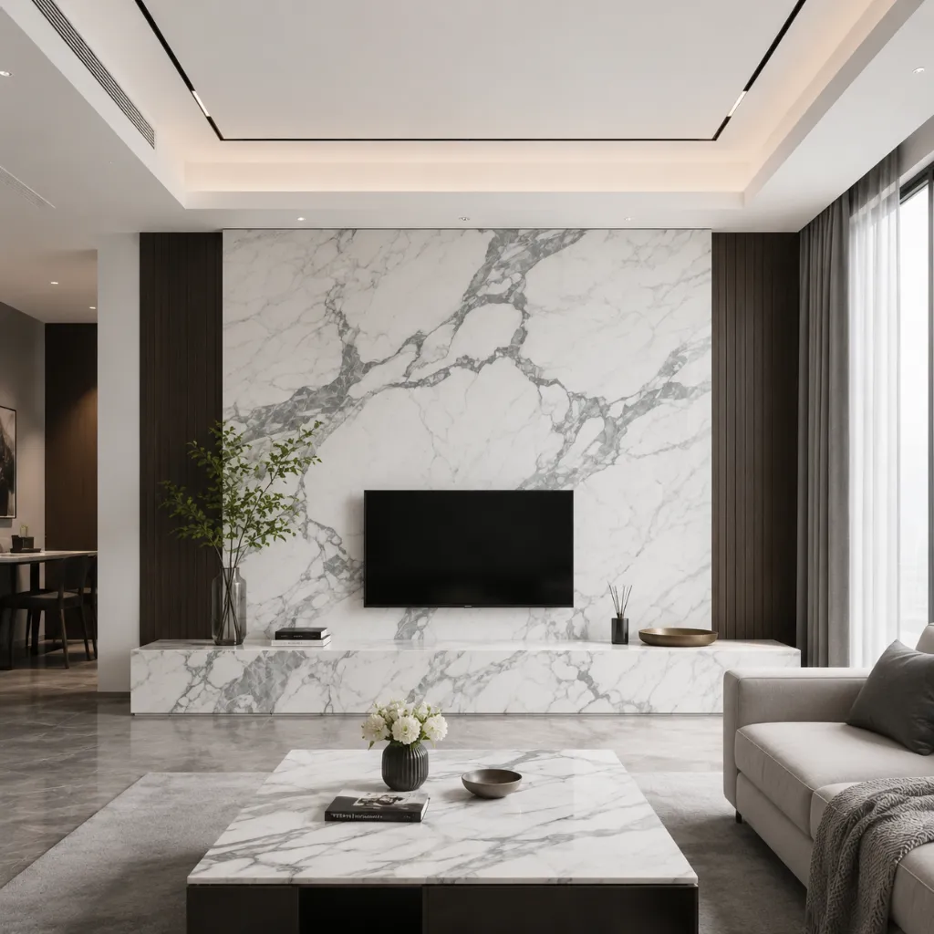 Living room with a white veined stone television wall