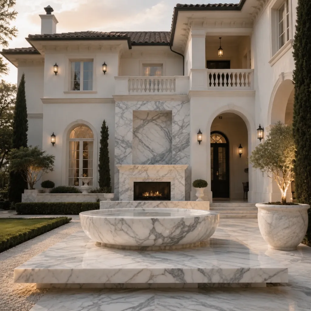 Stone table on a patio in front of a villa