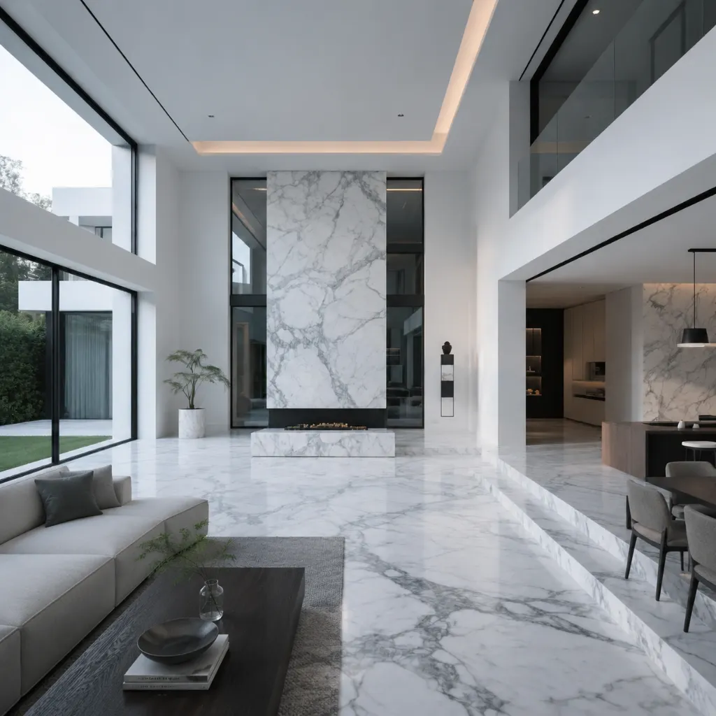Interior hallway with a white veined stone floor and wall panels