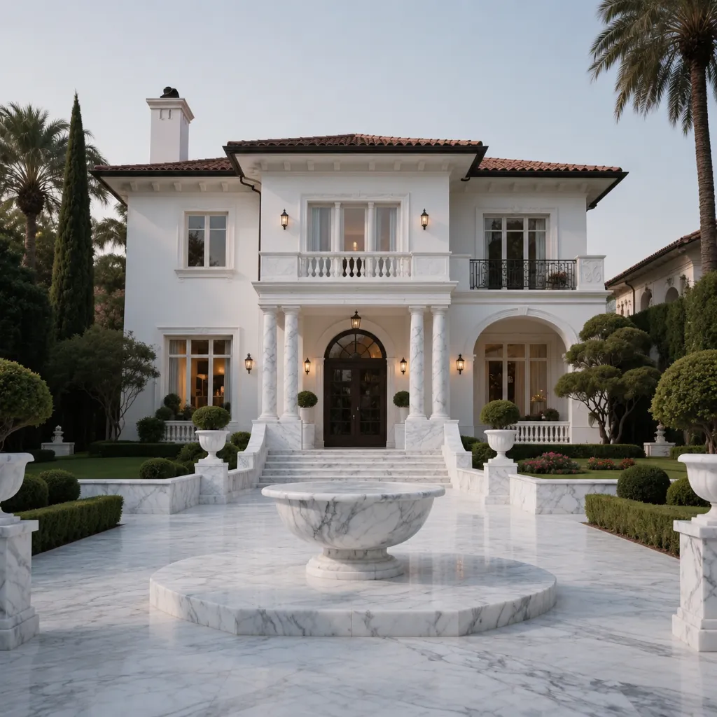 Villa patio with a veined stone table and stone paving