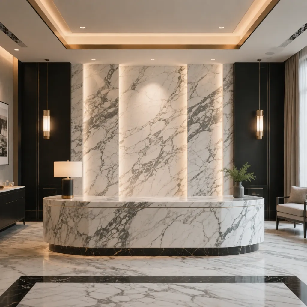 Bathroom with a veined stone bathtub and wall surfaces