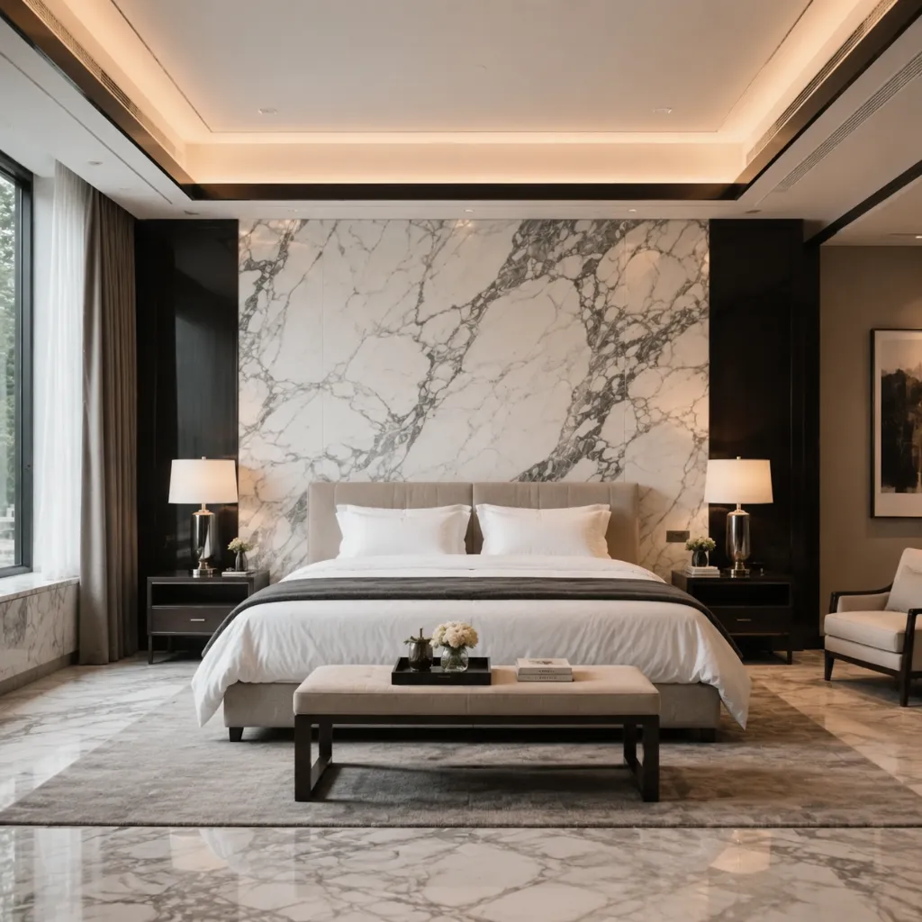 Bedroom with a large white veined stone headboard wall