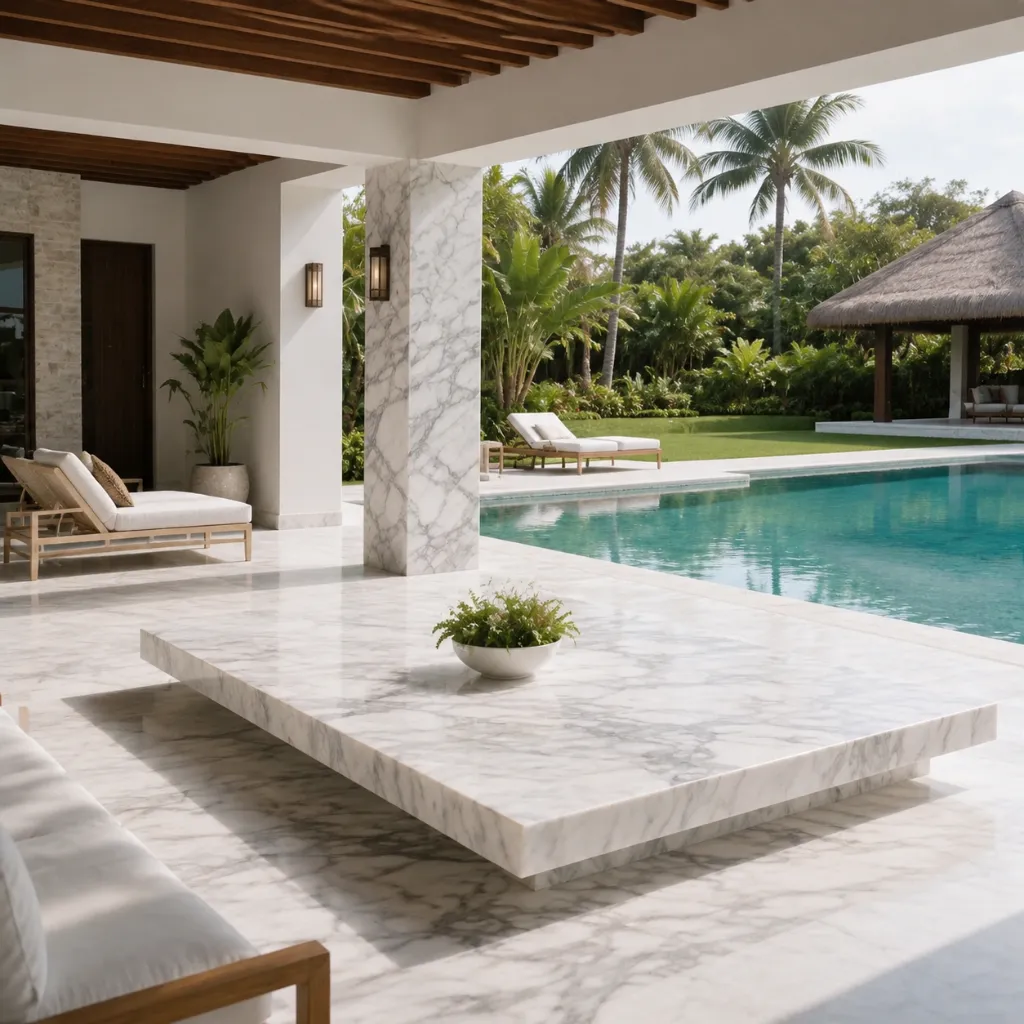 Stone table on a paved terrace beside a pool