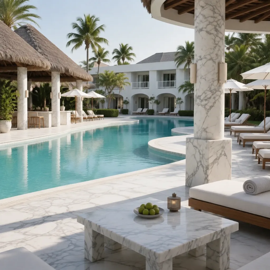 Veined stone table beside an outdoor swimming pool