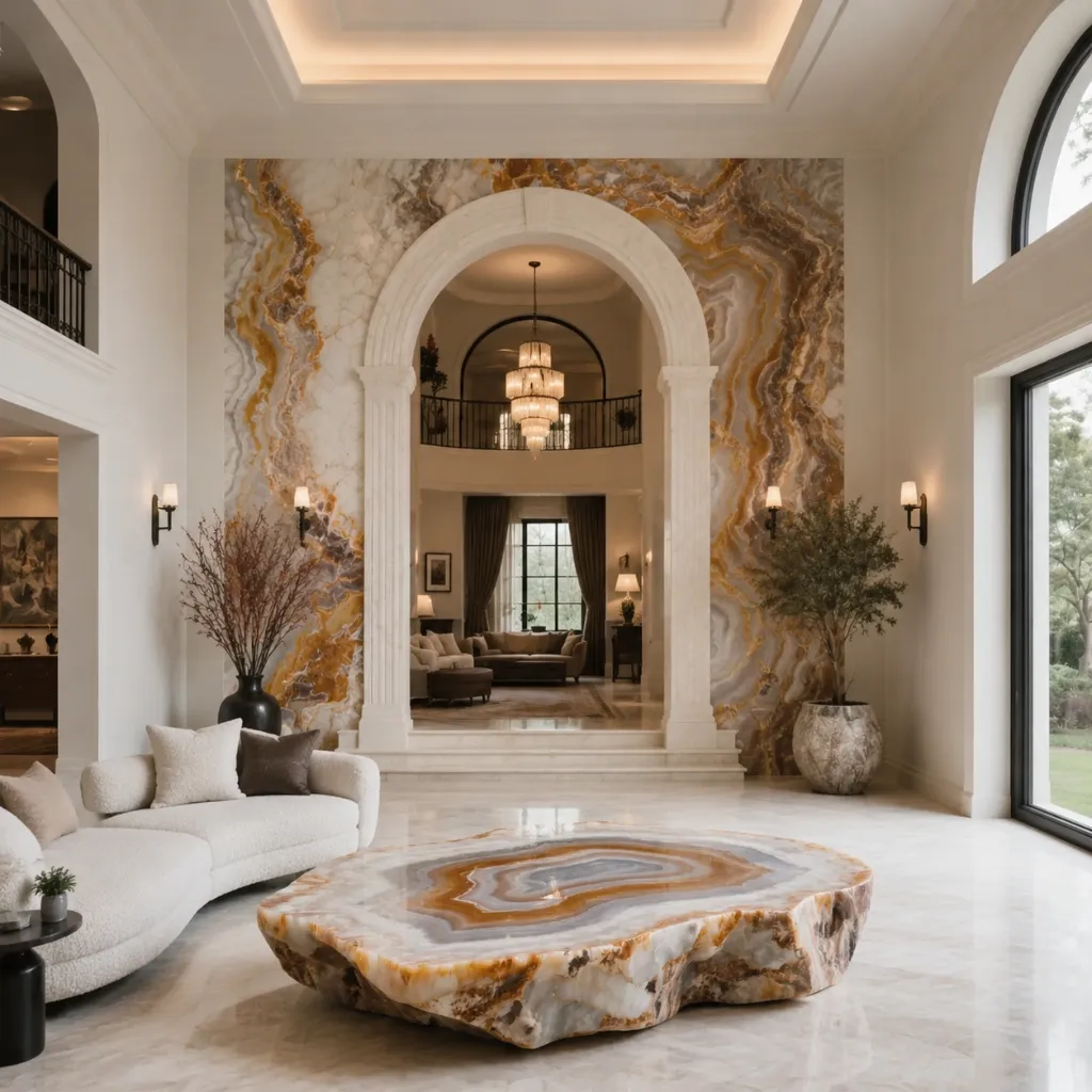 Large entrance hall with veined stone floor and wall surfaces