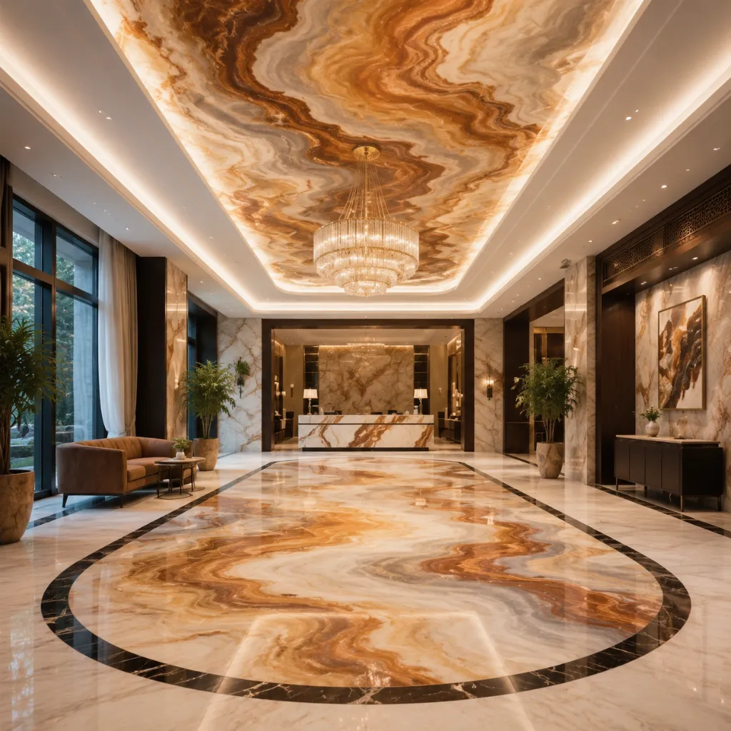 Entrance hall with veined stone floor and ceiling panels