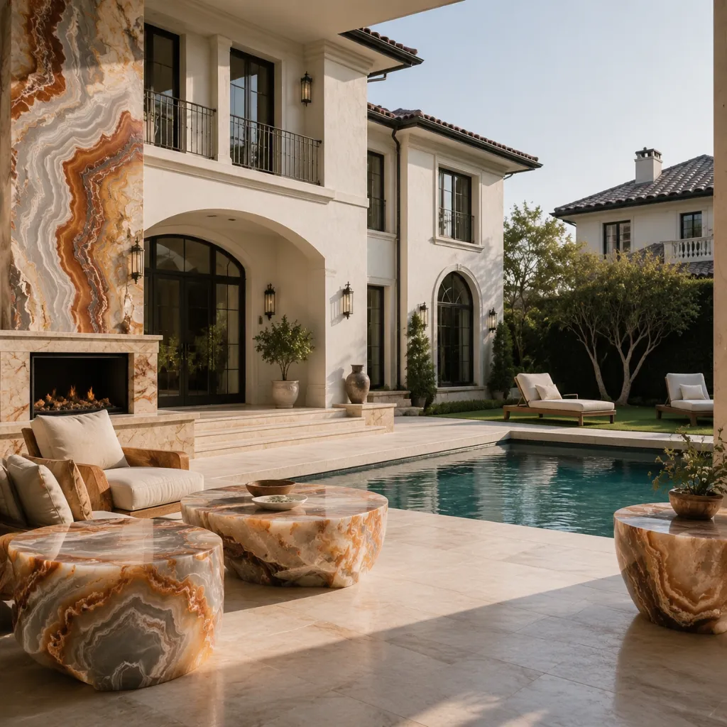Veined stone furniture on a patio beside a swimming pool