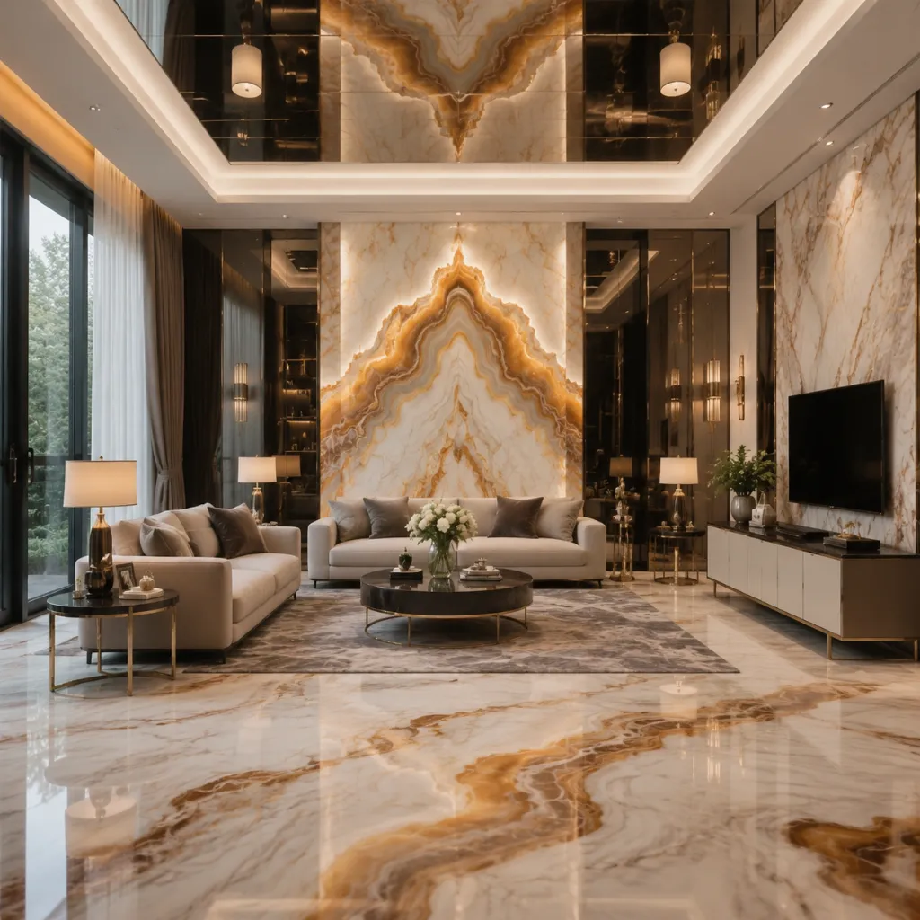 Large hall with illuminated veined stone wall panels and flooring