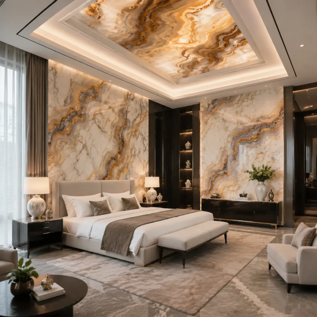 Living room with veined stone walls and a decorative ceiling panel