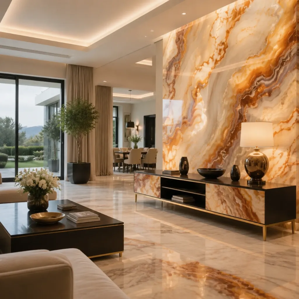 Illuminated stone-pattern wall behind a dining table