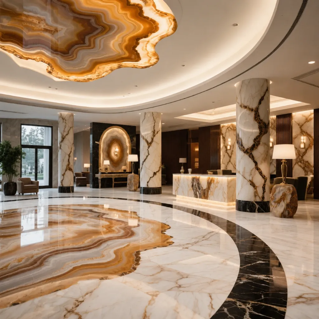 Interior hall with a veined stone floor and decorative ceiling