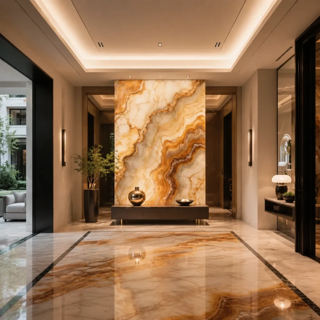Illuminated stone-pattern panel in an entrance hall