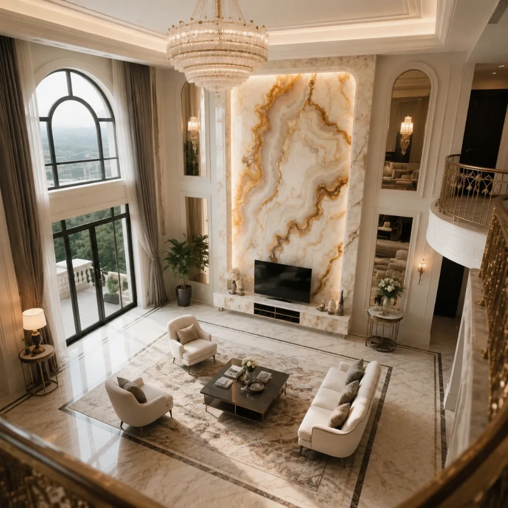 Two-story living room with a veined stone fireplace wall