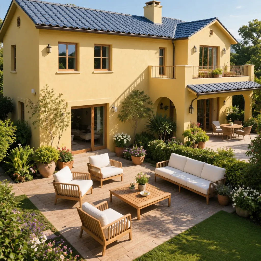 Outdoor lounge chairs and a sofa on a paved patio beside a house