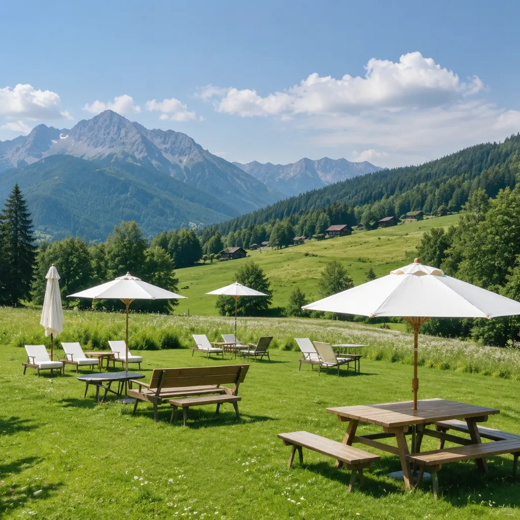 Picnic tables with umbrellas in a mountain garden
