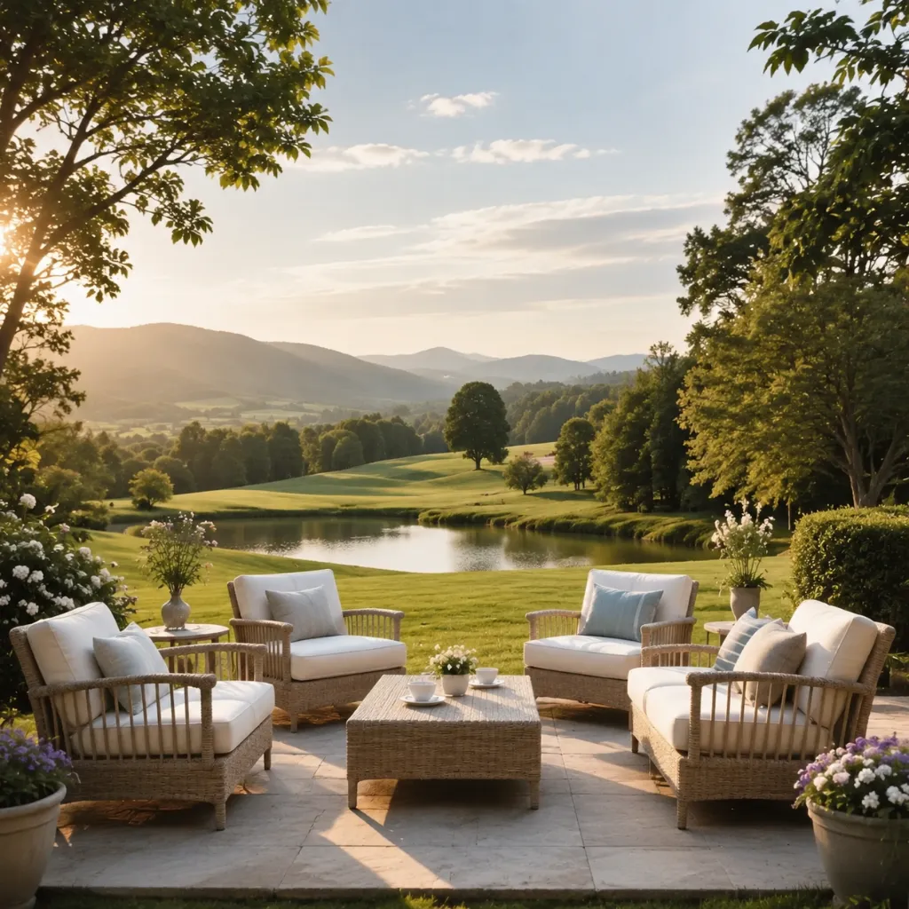 Outdoor seating overlooking a garden and distant hills