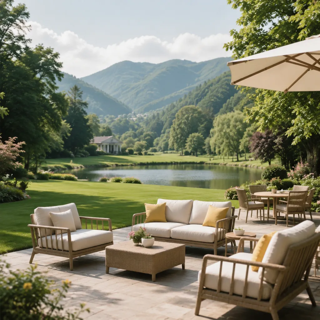 Wooden outdoor lounge chairs and a coffee table under a garden umbrella