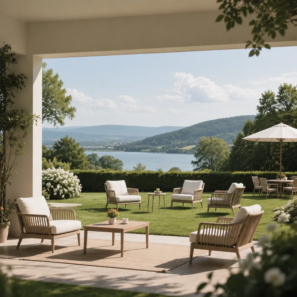 Covered patio with outdoor lounge chairs and a coffee table