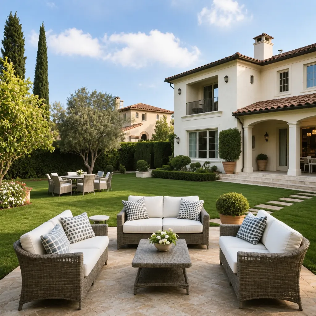 Outdoor sofa and armchairs grouped around a low table