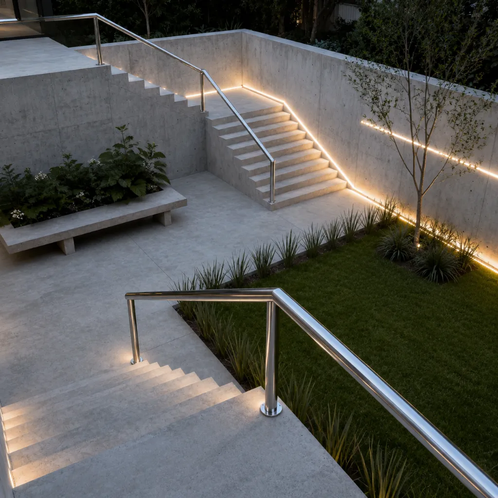 Outdoor stone steps with integrated lighting and a glass handrail